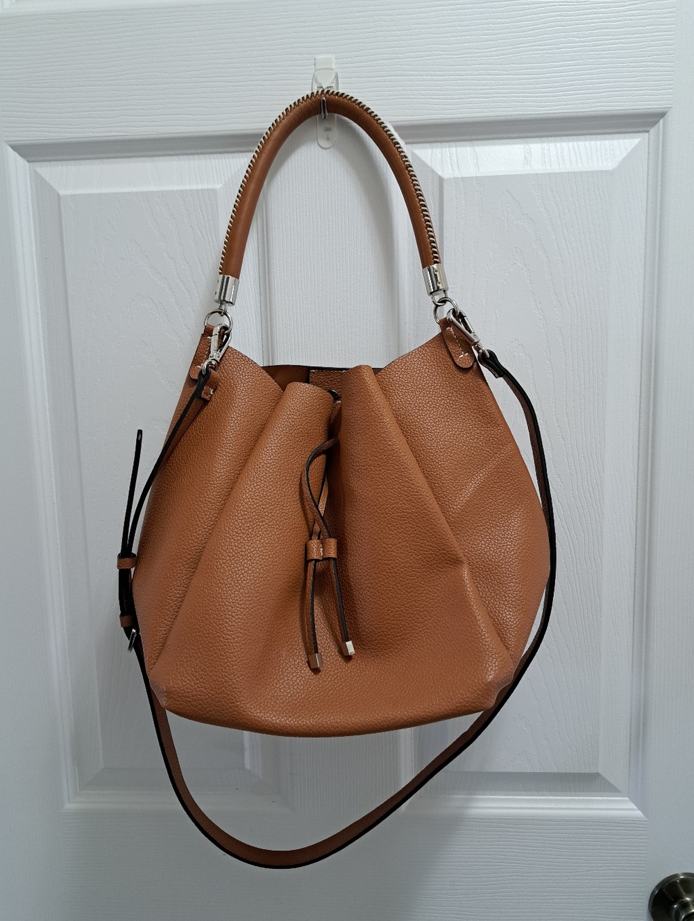 Zara Brown Faux Leather Pleated Shoulder Bag Crossbody Satchel Neutral Handbag - Picture 13 of 14